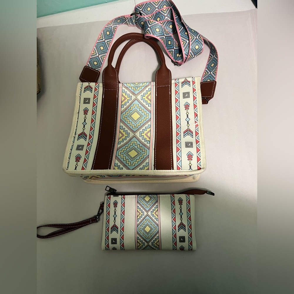 Geometric Patterned Brown and Cream Tote Bag Set - Picture 3 of 5